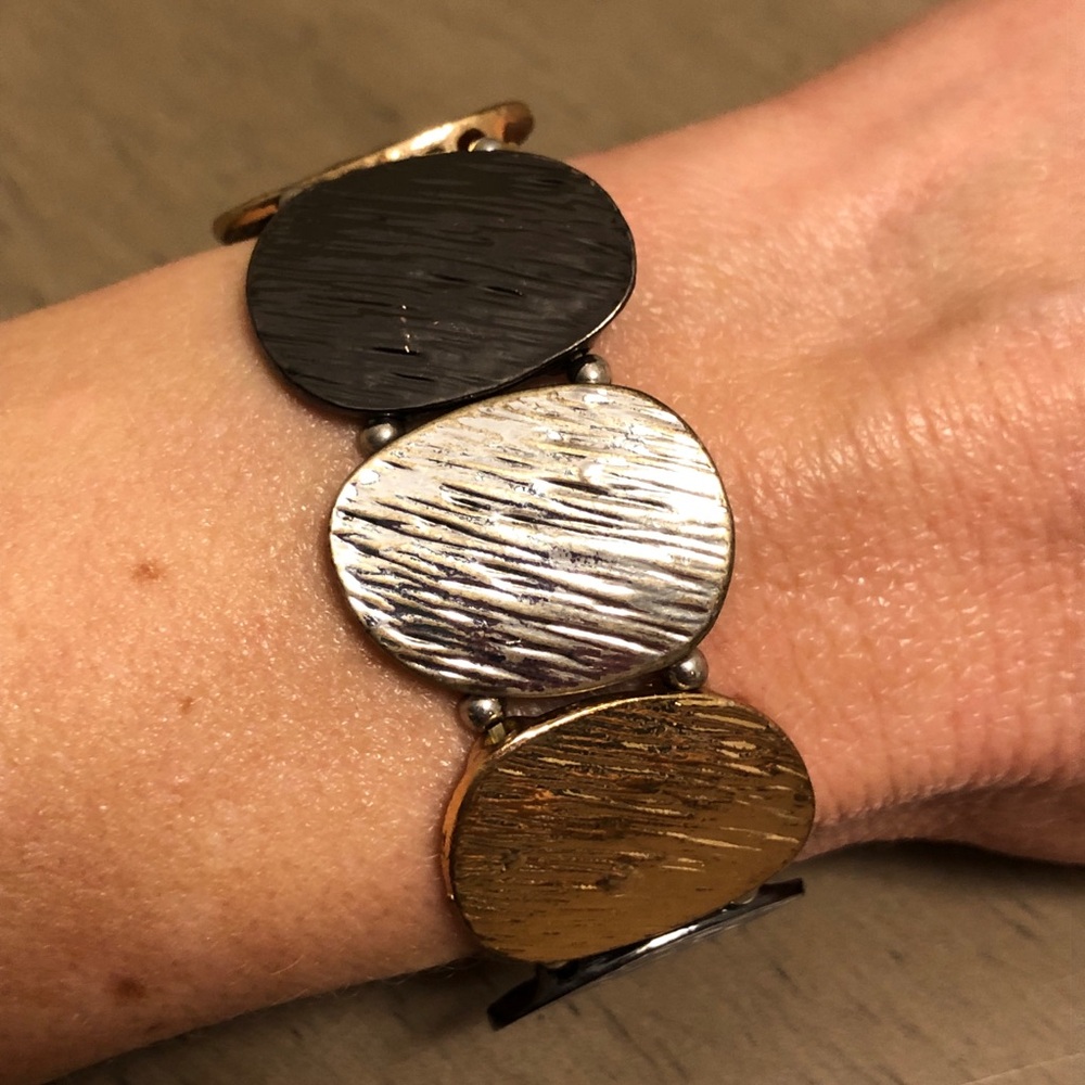 Gunmetal Black, Silver, and Gold Tones Stretch Bracelet Costume Jewelry